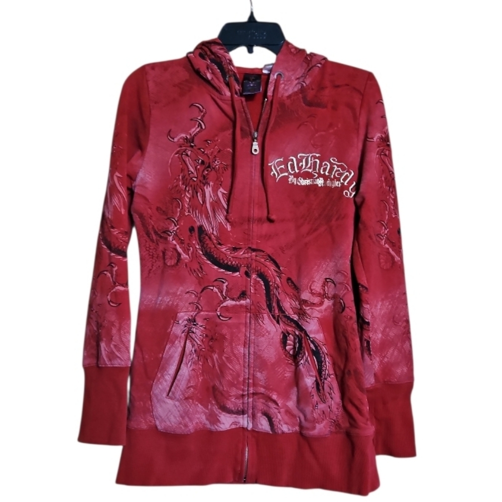 Christian Audigier Red Graphic Dragon Zip-Up Hoodie Jacket. M